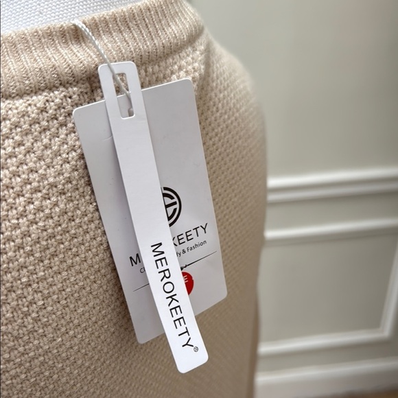 Merokeety Womens Beige Knit Sweater Dress Henley Button Belted Midi Small - Picture 6 of 10